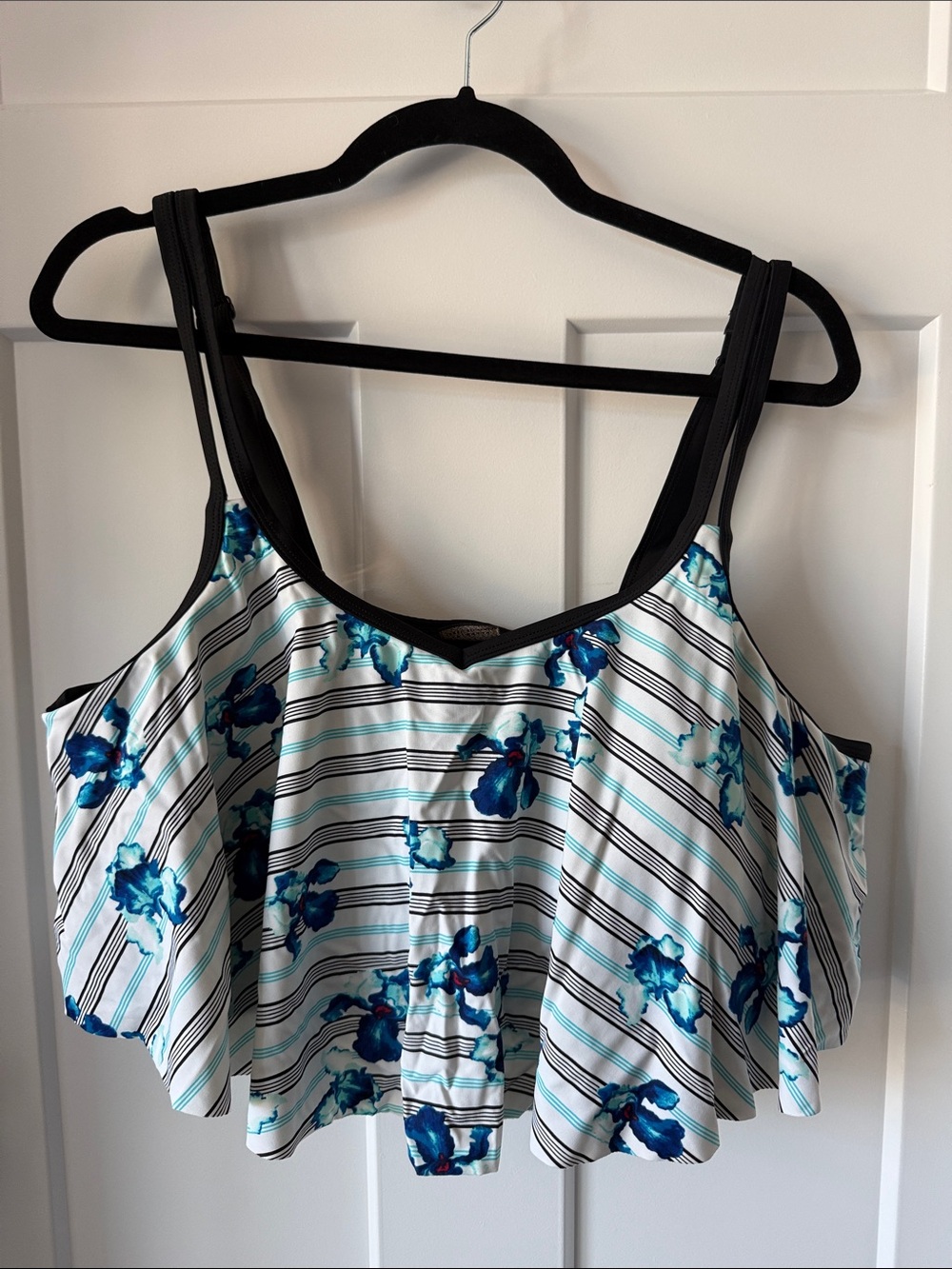 Sea Blue Floral Stripe Ruffle Swim Top and matching bottoms
